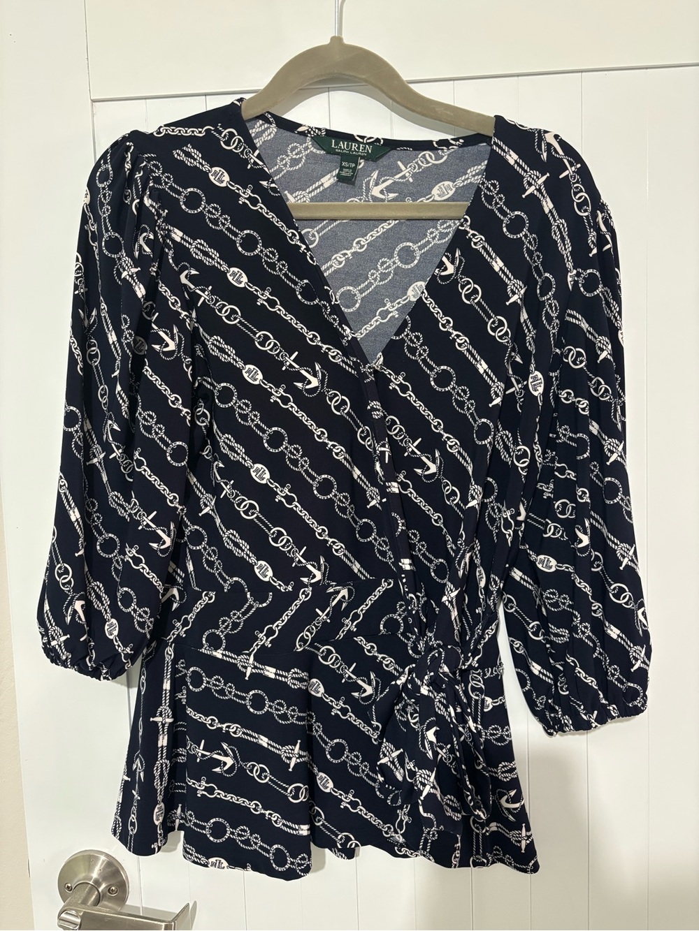 Lauren Ralph Lauren Navy and White Chain-Print Wrap Blouse